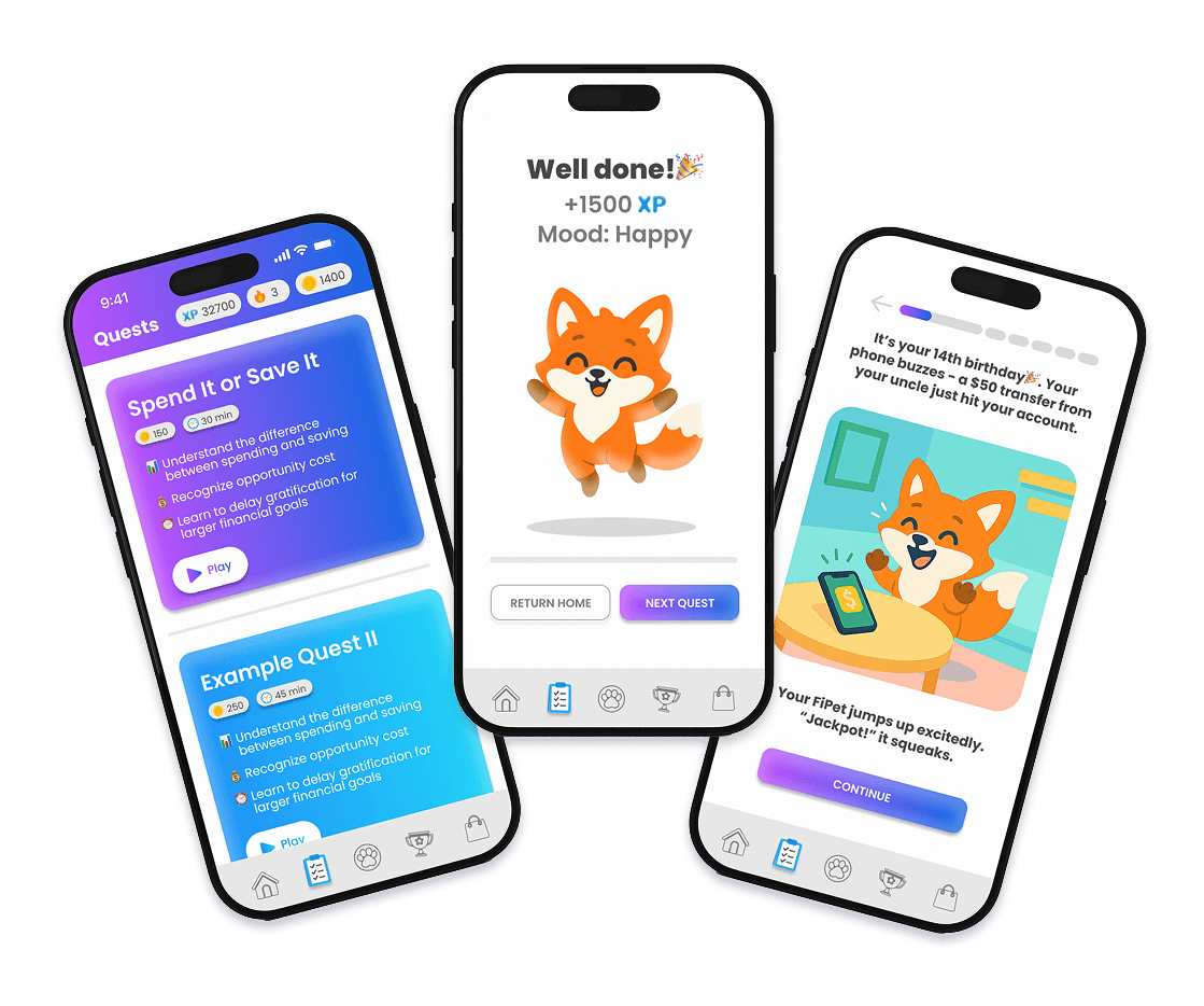 FiPet app screens on phones (mobile view)